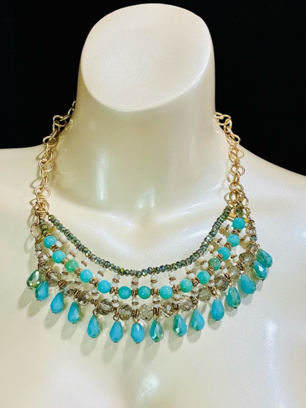 Dew Drop Crystal Beaded Statement Bib Gold Chain Link Elegant Party Necklace EUC